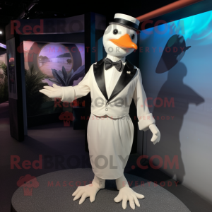 Cream Seagull mascot costume character dressed with a Tuxedo and Belts