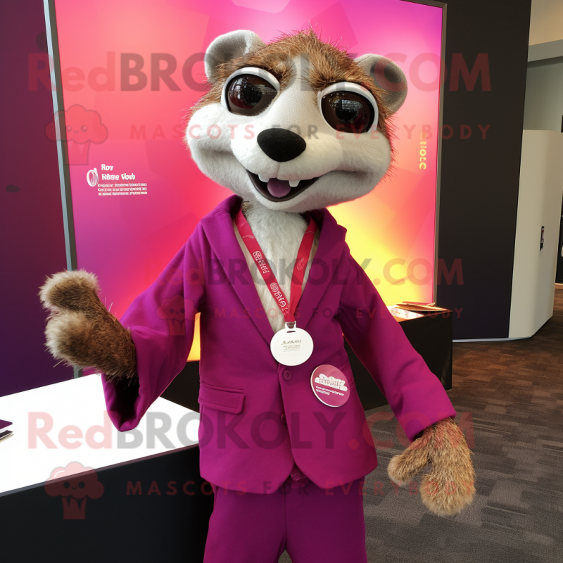 Magenta Meerkat mascot costume character dressed with a Suit Jacket and Tie pins