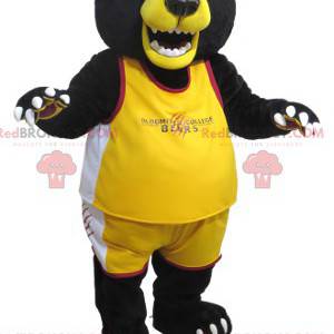 Mascotte grande orso nero e giallo in abbigliamento sportivo -