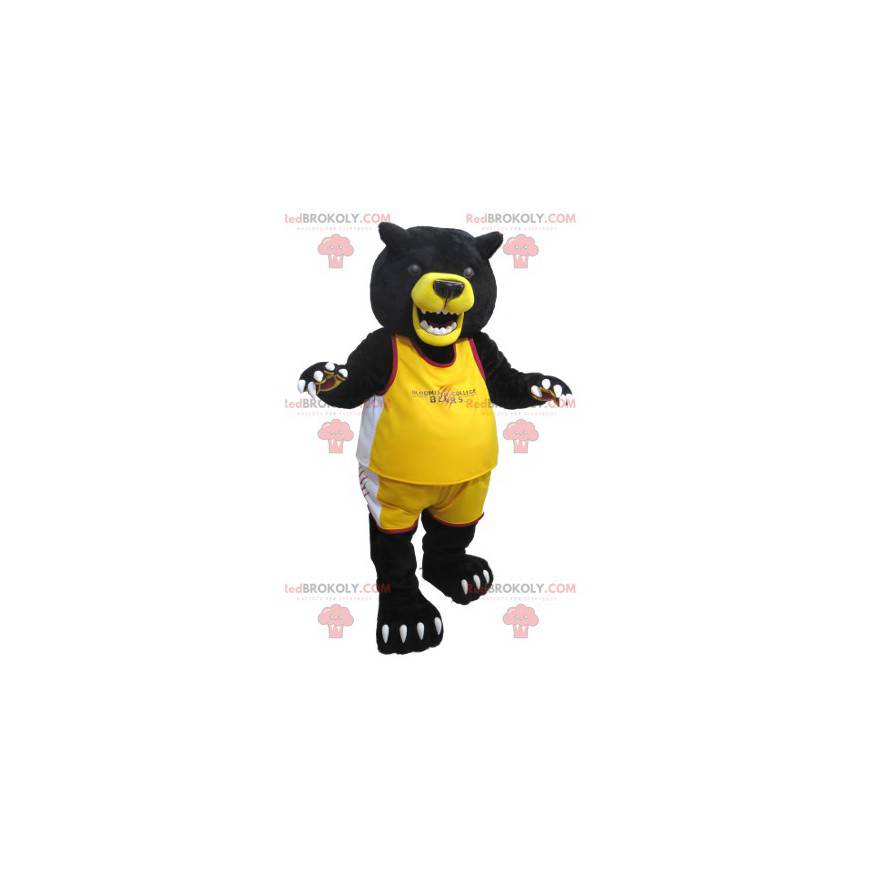 Mascotte de gros ours noir et jaune en tenue de sport -