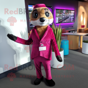 Magenta Meerkat mascot costume character dressed with a Suit Jacket and Tie pins