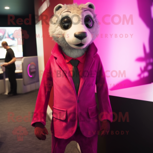 Magenta Meerkat mascot costume character dressed with a Suit Jacket and Tie pins