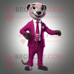 Magenta Meerkat mascot costume character dressed with a Suit Jacket and Tie pins