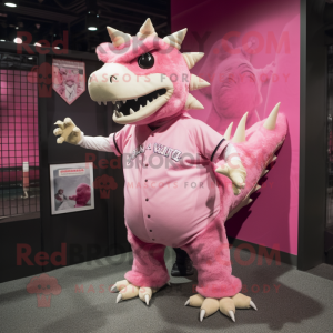 Pink Stegosaurus mascot costume character dressed with a Baseball Tee and Shawl pins