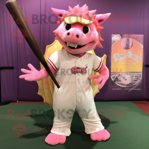 Pink Stegosaurus mascot costume character dressed with a Baseball Tee and Shawl pins