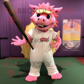 Pink Stegosaurus mascot costume character dressed with a Baseball Tee and Shawl pins