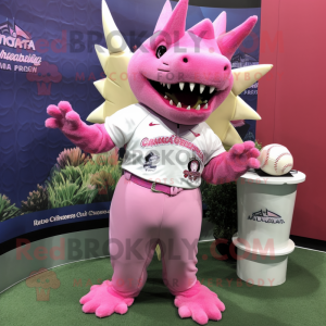 Pink Stegosaurus mascot costume character dressed with a Baseball Tee and Shawl pins