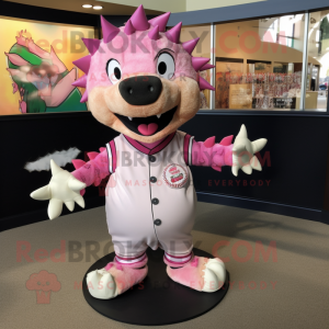 Pink Stegosaurus mascot costume character dressed with a Baseball Tee and Shawl pins