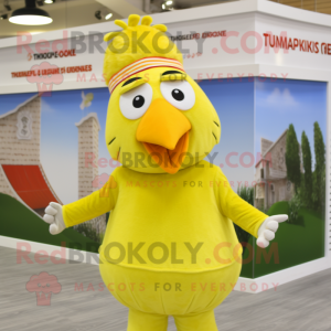 Lemon Yellow Turkey mascot costume character dressed with a T-Shirt and Cummerbunds