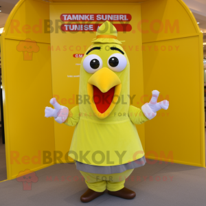 Lemon Yellow Turkey mascot costume character dressed with a T-Shirt and Cummerbunds