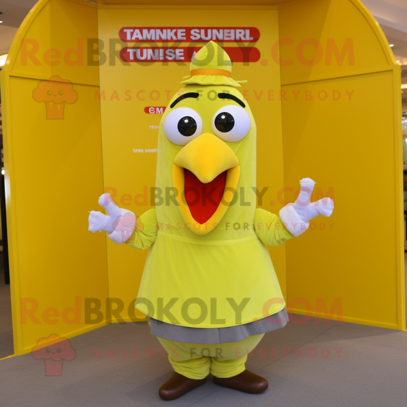 Lemon Yellow Turkey mascot costume character dressed with a T-Shirt and Cummerbunds