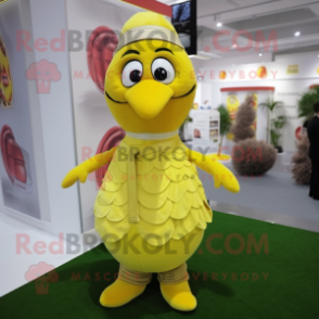 Lemon Yellow Turkey mascot costume character dressed with a T-Shirt and Cummerbunds