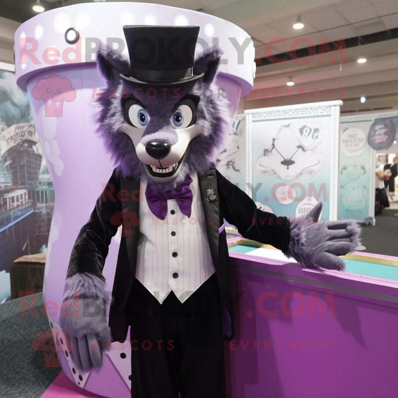 Lavender Werewolf mascot costume character dressed with a Tuxedo and Pocket squares Lavender Werewolf mascot costume character dressed with a Tuxedo and Pocket squares