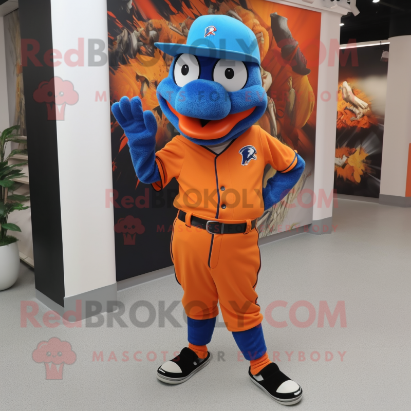 Orange Blue Jay mascot costume character dressed with a Trousers and Bracelets