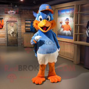 Orange Blue Jay mascot costume character dressed with a Trousers and Bracelets