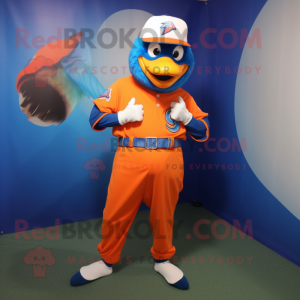 Orange Blue Jay mascot costume character dressed with a Trousers and Bracelets