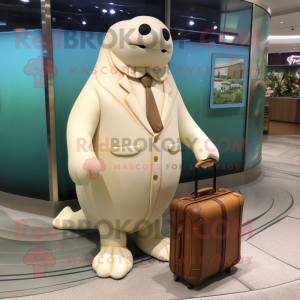 Cream Walrus mascot costume character dressed with a Empire Waist Dress and Briefcases