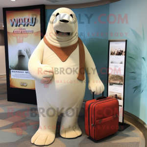 Cream Walrus mascot costume character dressed with a Empire Waist Dress and Briefcases