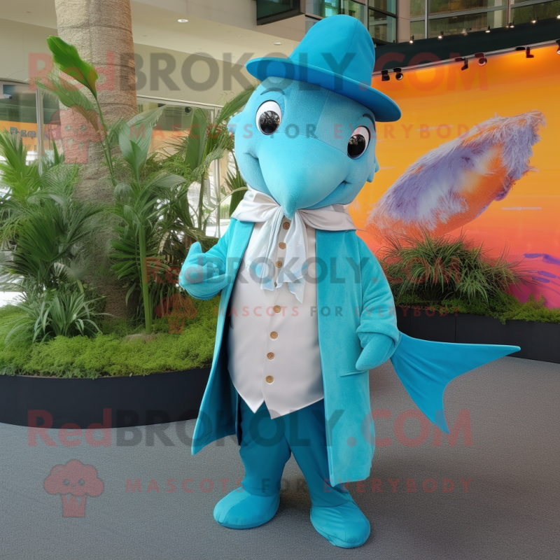 Turquoise Swordfish mascot costume character dressed with a Dress Shirt and Wraps