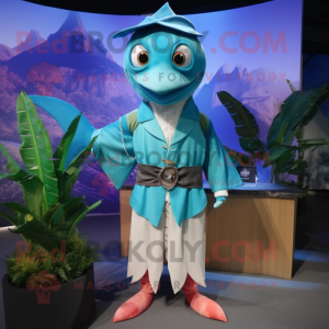 Turquoise Swordfish mascot costume character dressed with a Dress Shirt and Wraps