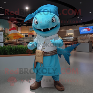 Turquoise Swordfish mascot costume character dressed with a Dress Shirt and Wraps