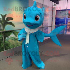 Turquoise Swordfish mascot costume character dressed with a Dress Shirt and Wraps