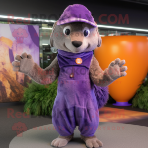 Lavender Mongoose mascot costume character dressed with a Vest and Beanies