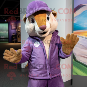 Lavender Mongoose mascot costume character dressed with a Vest and Beanies