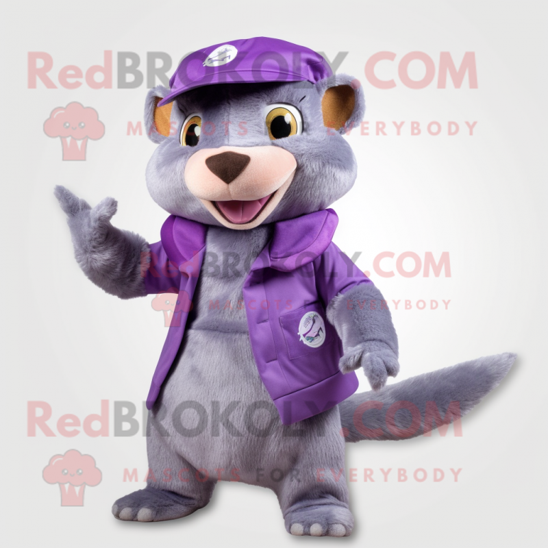 Lavender Mongoose mascot costume character dressed with a Vest and Beanies Lavender Mongoose mascot costume character dressed with a Vest and Beanies