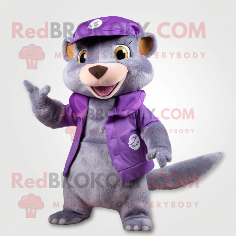 Lavender Mongoose mascot costume character dressed with a Vest and Beanies