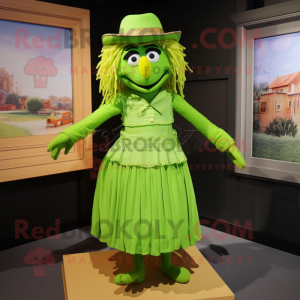 Lime Green Scarecrow mascot costume character dressed with a Pleated Skirt and Tie pins