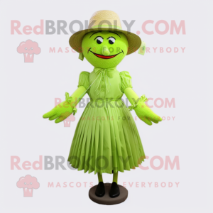 Lime Green Scarecrow mascot costume character dressed with a Pleated Skirt and Tie pins