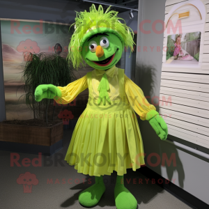 Lime Green Scarecrow mascot costume character dressed with a Pleated Skirt and Tie pins