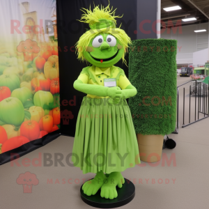 Lime Green Scarecrow mascot costume character dressed with a Pleated Skirt and Tie pins