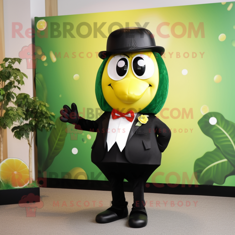 Olive Mango mascot costume character dressed with a Tuxedo and Caps