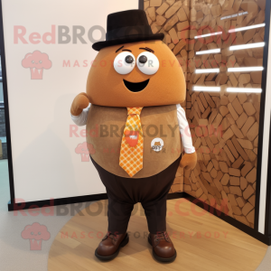 Brown Squash mascot costume character dressed with a Waistcoat and Earrings