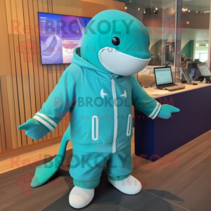 Teal Humpback Whale mascot costume character dressed with a Coat and Digital watches