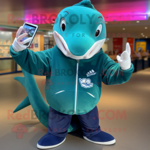 Teal Humpback Whale mascot costume character dressed with a Coat and Digital watches