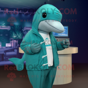 Teal Humpback Whale mascot costume character dressed with a Coat and Digital watches