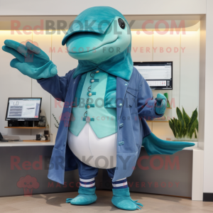 Teal Humpback Whale mascot costume character dressed with a Coat and Digital watches