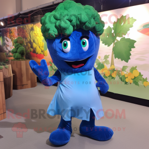 Blue Broccoli mascot costume character dressed with a Wrap Skirt and Foot pads