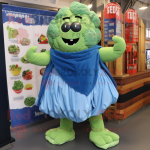 Blue Broccoli mascot costume character dressed with a Wrap Skirt and Foot pads