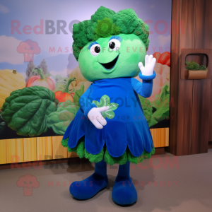 Blue Broccoli mascot costume character dressed with a Wrap Skirt and Foot pads