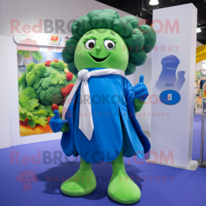Blue Broccoli mascot costume character dressed with a Wrap Skirt and Foot pads