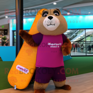 Magenta Marmot mascot costume character dressed with a Board Shorts and Clutch bags