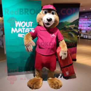 Magenta Marmot mascot costume character dressed with a Board Shorts and Clutch bags