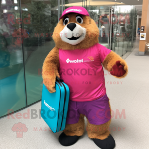 Magenta Marmot mascot costume character dressed with a Board Shorts and Clutch bags