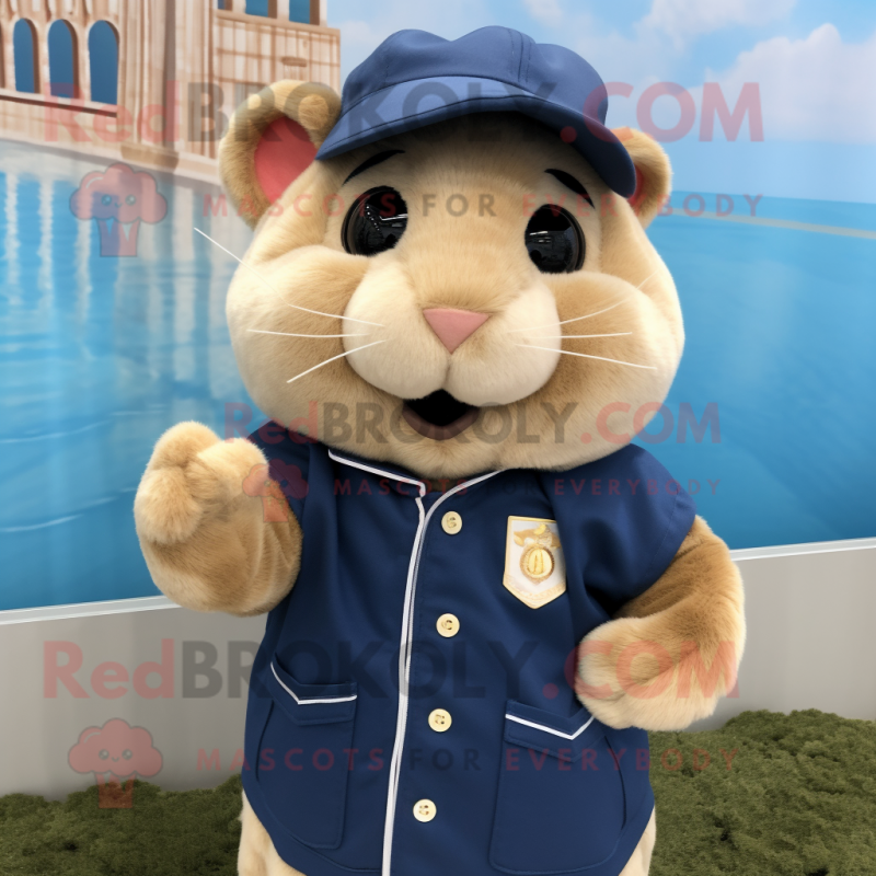 Gold Hamster mascot costume character dressed with a Chambray Shirt and Berets