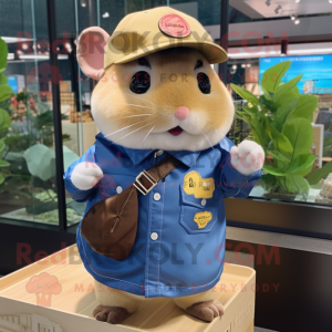 Gold Hamster mascot costume character dressed with a Chambray Shirt and Berets