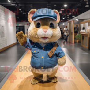 Gold Hamster mascot costume character dressed with a Chambray Shirt and Berets